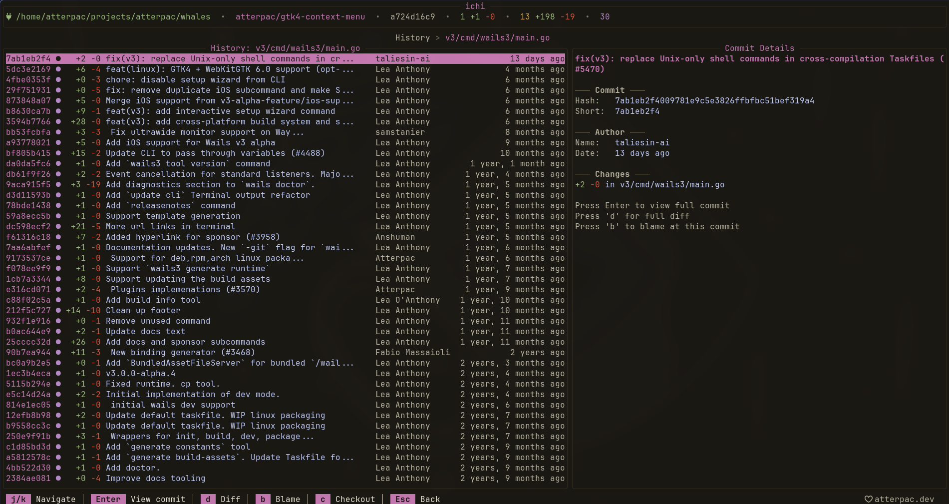 The file log listing commits that touched a single file