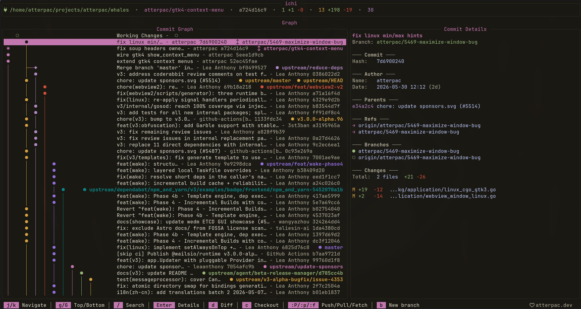 The ichi commit graph rendered in the terminal