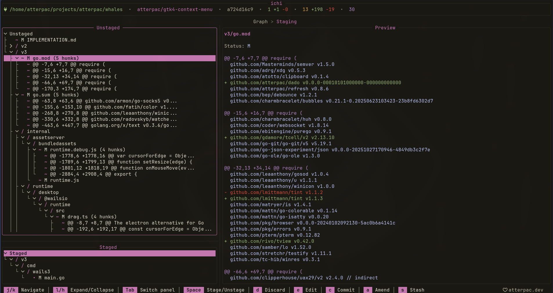 The single-file diff with a selected line highlighted for staging