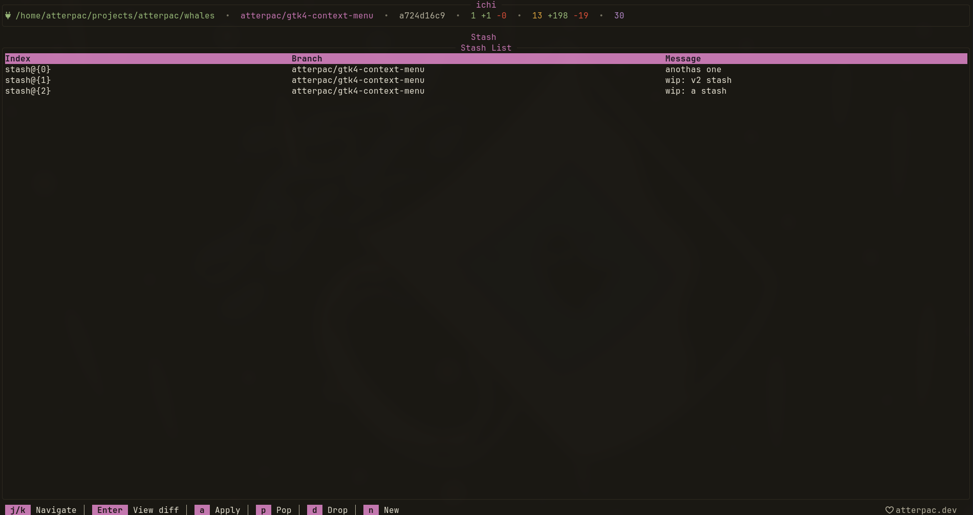 The stash view listing shelved work-in-progress entries
